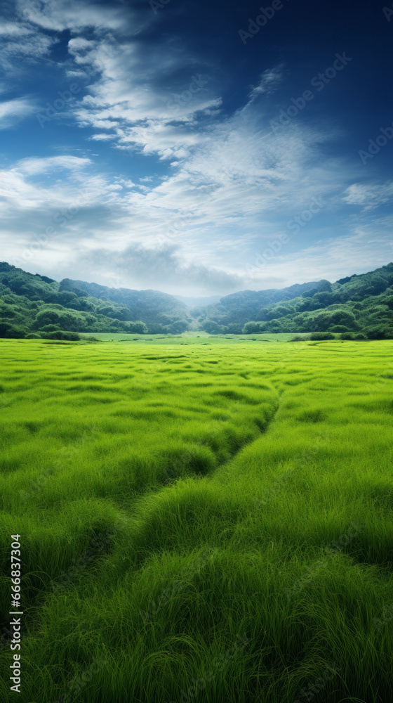 A picturesque landscape with majestic mountains and a lush green field A picturesque landscape with majestic mountains and a lush green field