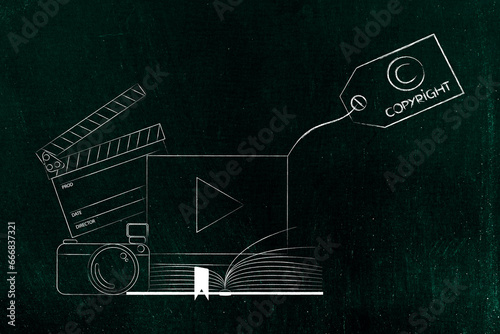 authorship and copyright, video photo and book icons together with copyright label