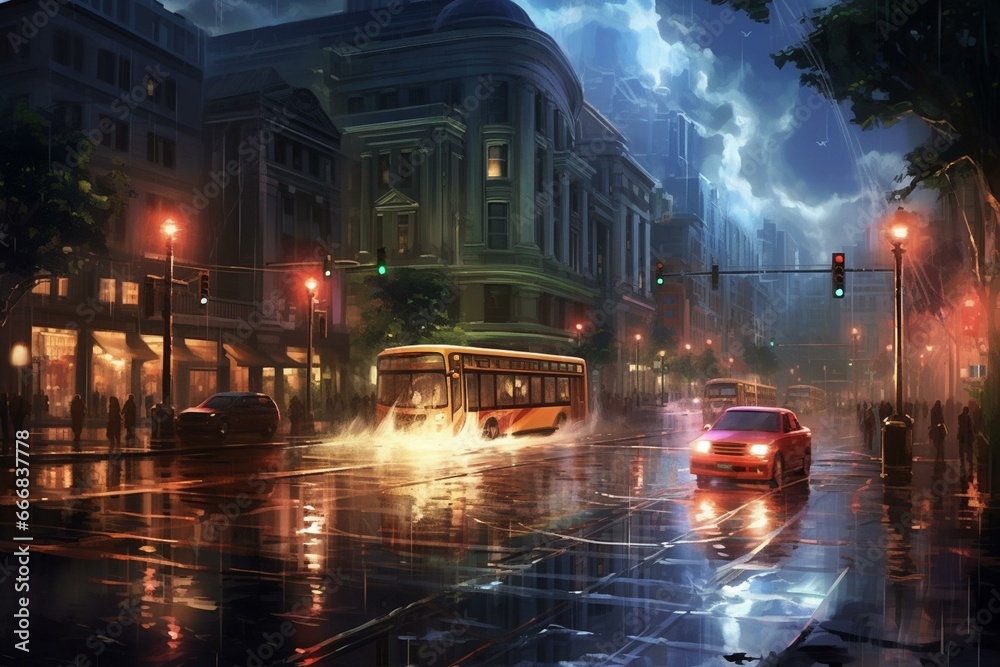 night city street with vehicles, lit road, lampposts, crosswalk, pools of water, lightning strikes, buildings. Generative AI