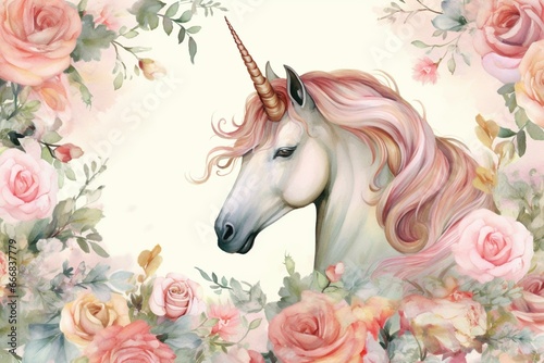 Watercolor unicorn pattern with roses in a seamless background. Generative AI