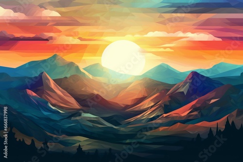 Scenic landscape of hills and mountains in abstract shapes, viewed from a distance, representing a serene natural destination for adventure and exploration. Generative AI