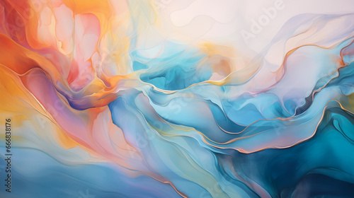 Bright dreamy pastel flowing modern waves. Blue, pink, yellow watercolor wavy folds. Abstract feminine silk wave drapes background. Three-dimensional soft waves material backdrop, copy space