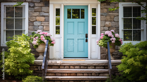 A detail of a front door on home with stone and white bricking siding, beautiful landscaping, and a colorful blue - green front door. © Ziyan Yang