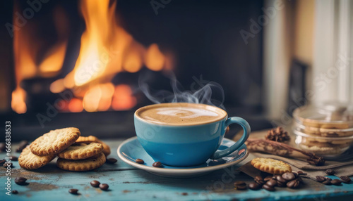 Frothy coffee with biscuits by the fireplace