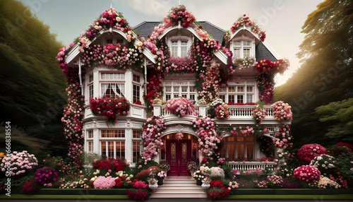 A house with a facade adorned by a lavish spread of roses