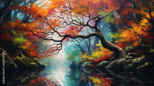 A scenic landscape painting of a flowing river amidst a lush forest © cac_tus