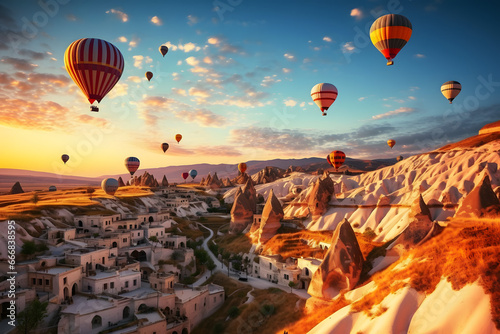 Ancient town of Uchisar castle at sunset Landscape Goreme national park, Cappadocia Turkey with many big balloons​ on sky, photo