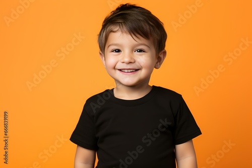 Portrait of a happy young fictional child smiling. Little boy wearing a black blank t-shirt. Isolated on a plain colored background. Generative AI.