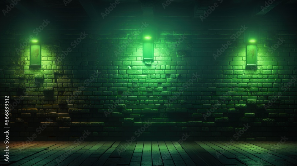 Digital illustration of brick wall with green neon light. Generative AI