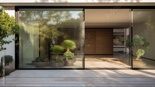 Aesthetic home entrance with large glass sliding doors with lots of copy space