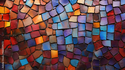 A detailed view of a colorful mosaic tile wall