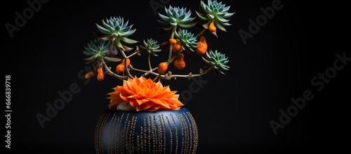 Black background isolated cactus pot orange thorn fero cactus photo