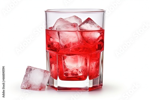 Digital illustration of glass with ice and red drink, white background. Generative AI
