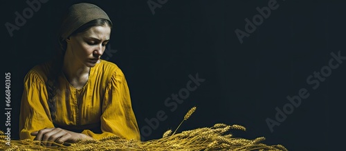 Depicting famine in Ukraine during 1932 1933 a woman signifies hunger and sorrow The Law of Five Three Spikelets represents the systematic genocide of the Ukrainian people known as the Holo