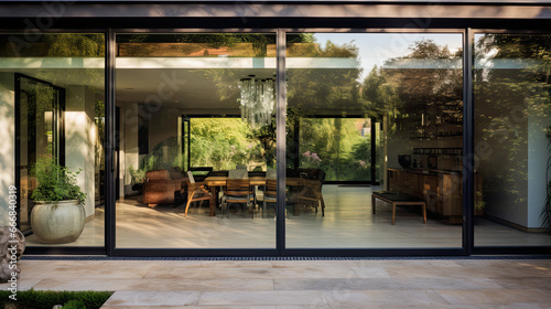 Aesthetic home entrance with large glass sliding doors with lots of copy space