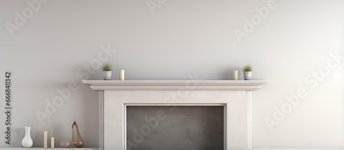 Empty traditional fireplace blank walls and mantle piece mockup shelf in a ing photo