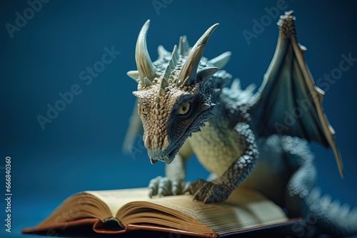 Magic dragon miniature on storybook, fantasy concept and fairy tales. Generative AI photo