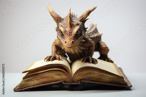 Magic dragon miniature on storybook, fantasy concept and fairy tales. Generative AI photo