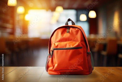 Digital illustration of backpack for studying, bokeh background, concept of primary school and knowledge. Generative AI