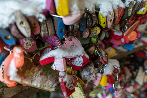 Love padlocks symbolizing love between couples at Namsan tower in Seoul South Korea