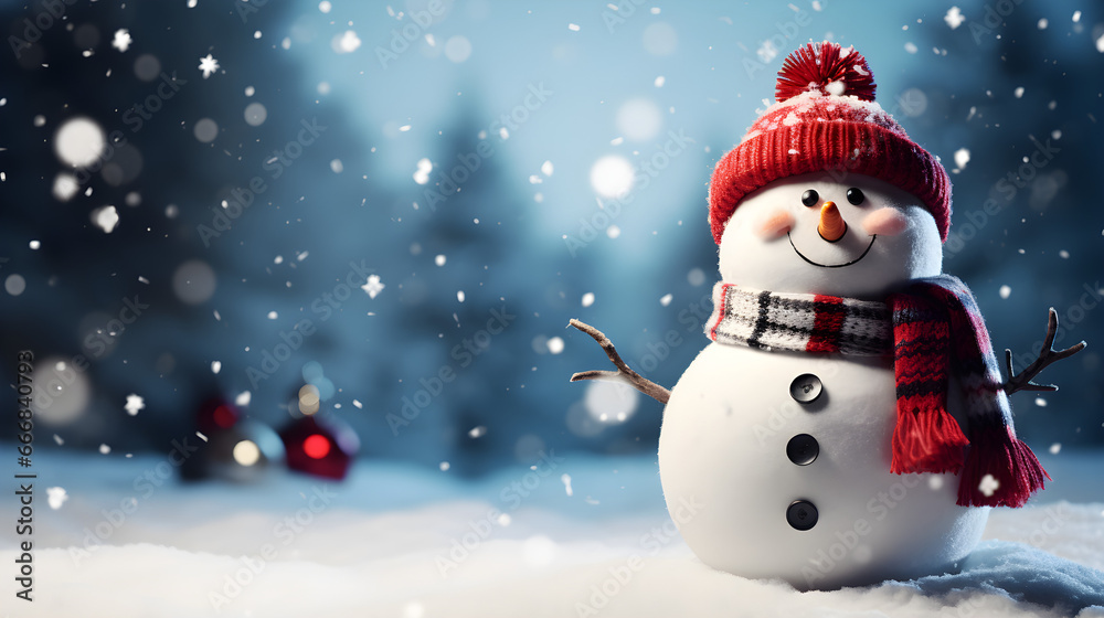 blue background with a cheerful snowman, banner With copy space