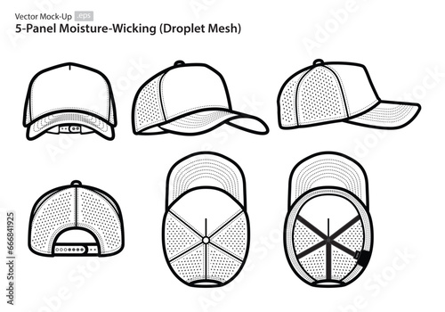 5-Panel Moisture-Wicking Snapback Hat Vector Mock-Ups (Droplet Mesh/Perforation)