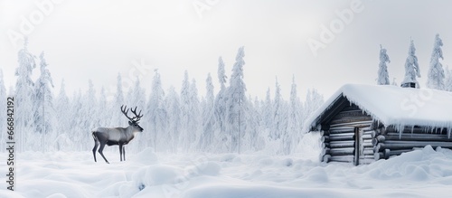 Finnish Lapland winter scenery with reindeer and log cabin © AkuAku