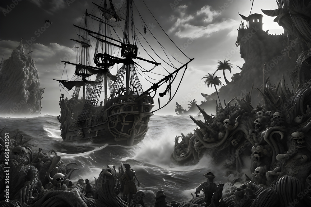 Naklejka premium pirate world, where pirate rules the world and all the monsters are living in the ocean and there is few lands to live on. Generative AI