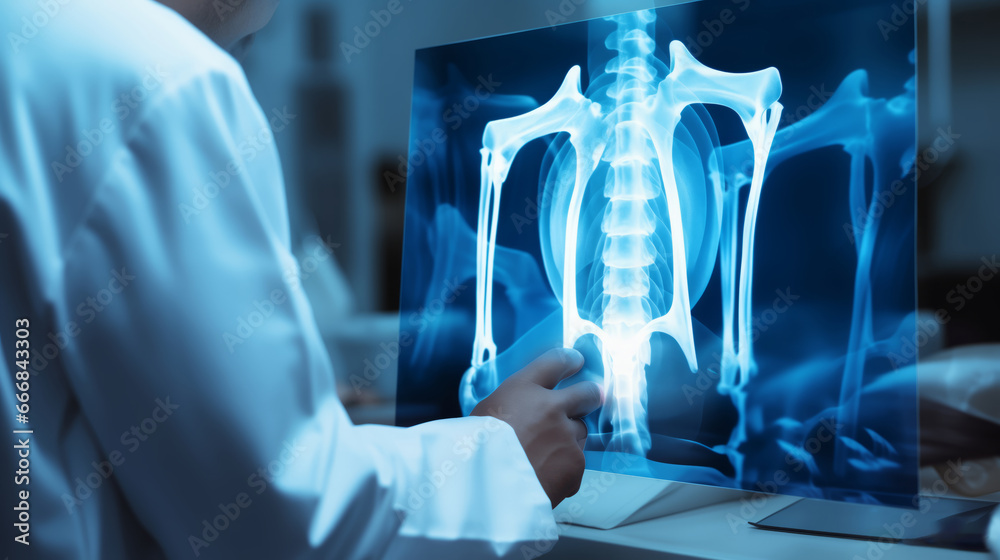 Orthopedic surgeon doctor examining patient's knee joint xray films, MRI bone, CT scan in the