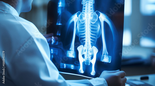 Orthopedic surgeon doctor examining patient's knee joint x-ray films, MRI bone, CT scan in the radiology orthopedic unit, hospital background knee joint film x-ray photo
