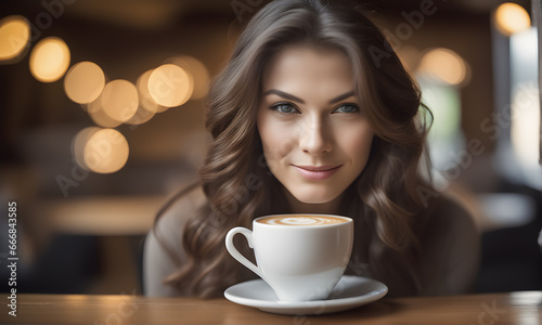 Young Woman with Cup of coffee on a wooden table