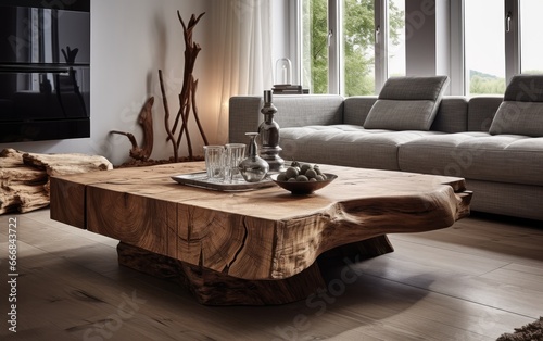 A rustic style table made of natural wood in a modern living room interior