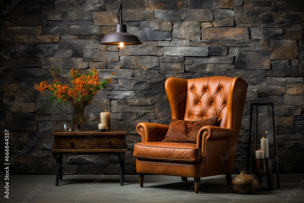 Obraz premium Orange Leather Wing Chair Against Textured Stone Wall in Modern Interior Design - Rustic Minimalist Living Room