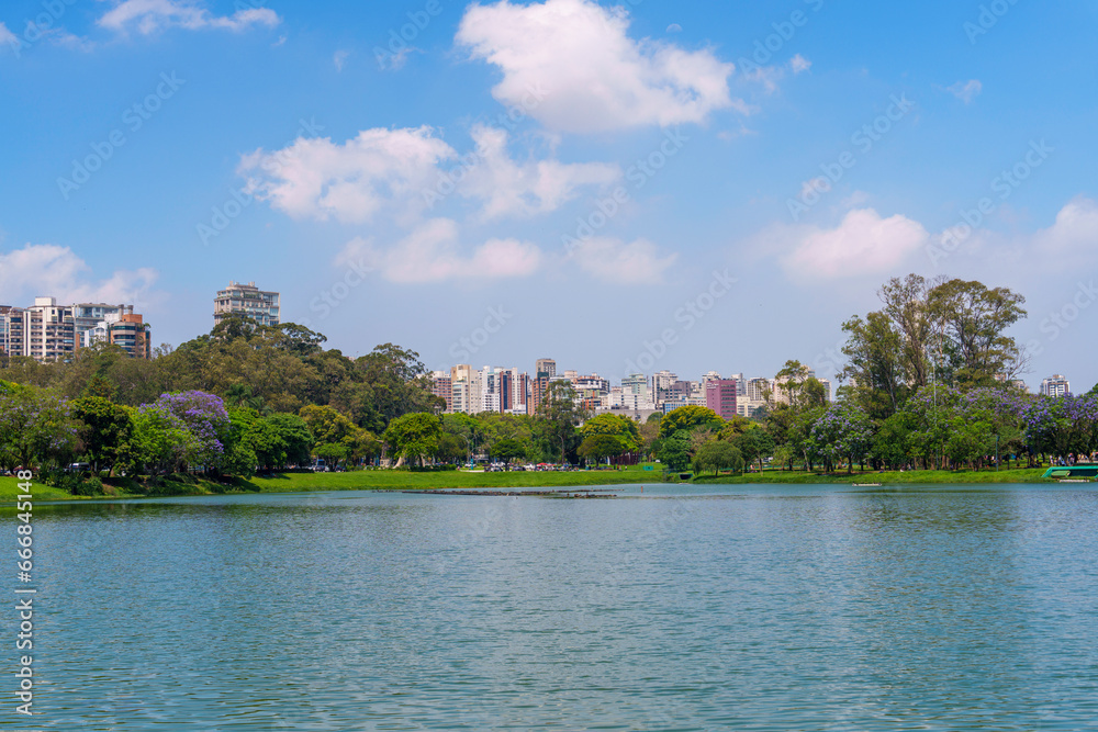 paisagem da cidade de São Paulo vista de dentro do parque Ibirapuera. 