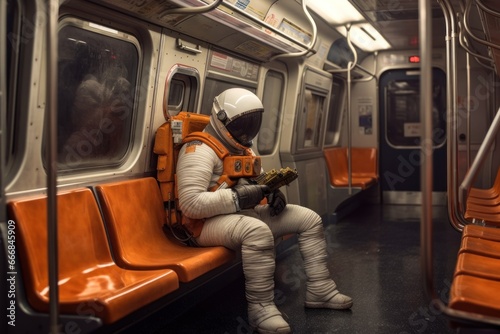An astronaut in the subway. Astronaut in the urban environment