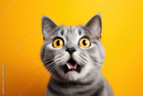 Funny surprised cat studio shot isolated bright color background © Nijieimu