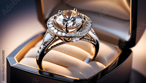 Close-up of a round moissanite engagement ring on a wooden table photo