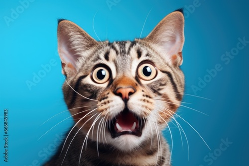 Funny surprised cat studio shot isolated bright color background