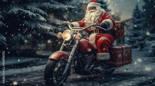 16:9 Photography Big muscular Santa Claus is Riding a chopper to deliver gifts on Christmas Day.generative ai © jkjeffrey