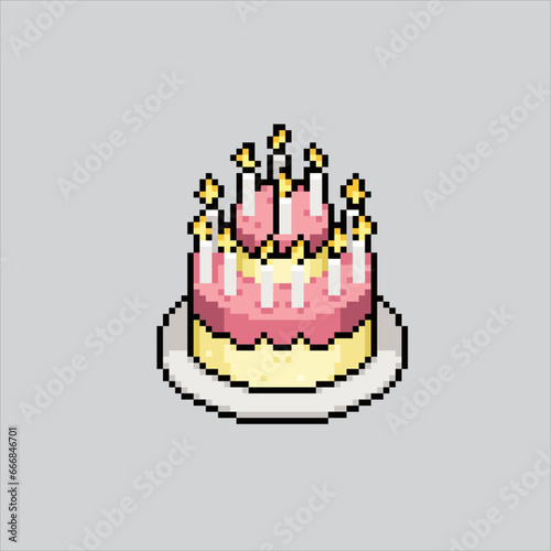 Pixel art illustration Party cake. Pixelated Party cake. Birthday Party Cake icon pixelated for the pixel art game and icon for website and video game. old school retro. photo