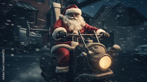 16:9 Photography Big muscular Santa Claus is Riding a chopper to deliver gifts on Christmas Day.generative ai