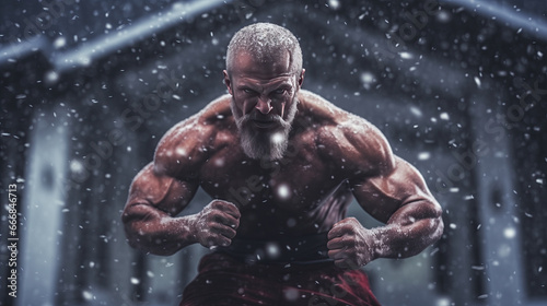 16:9 Photography Big muscular Santa Claus is Push-ups and exercise in preparation for sending gifts on Christmas Day.generative ai © jkjeffrey