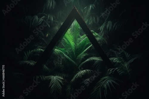 Tropical foliage featuring a luminous triangle amidst a dark ambiance. Generative AI