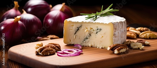 A detailed shot of saint nectaire cheese with a wooden board a red onion and nuts in the front photo