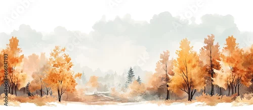 Panel kuchenny z motywem Fall themed watercolor painting of a picturesque forest with colorful trees and beautiful leaves showcasing an elegant and minimalist scenery in vintage pastel colors