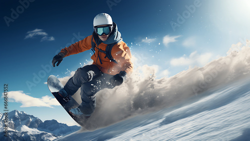Young snowboarder sliding down a slope in the mountains.