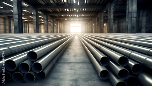 High quality steel pipes in stacks waiting for delivery in warehouse. photo