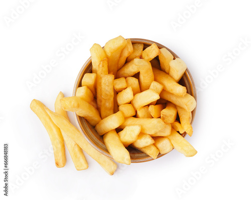 Bowl of tasty french fries on white background