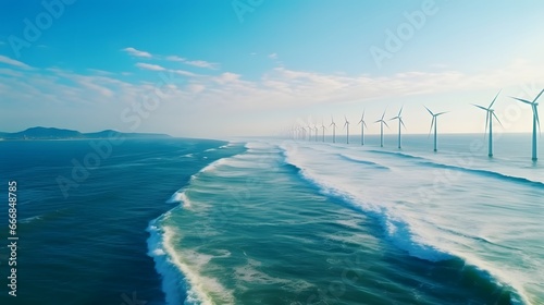 Windmill park in the ocean, drone aerial view of windmill turbines generating green energy electric, photo