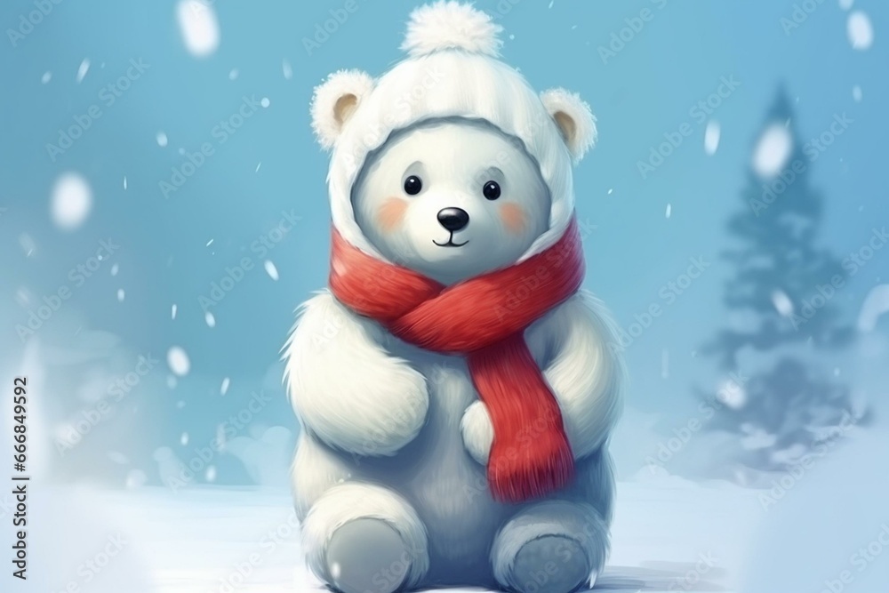 White bear with scarf. Merry Christmas and happy new year. Cartoon character design, illustration. Generative AI